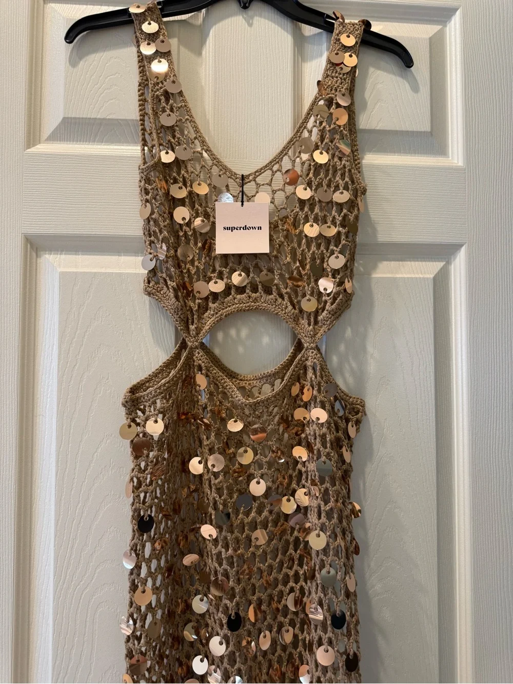 Superdown Gold Crochet Sequin Cutout Maxi Swim Coverup